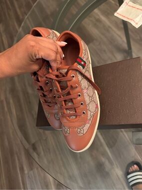 Gucci Brown/Tan GG Canvas Leather Lace-Up Sneakers with Web Detail